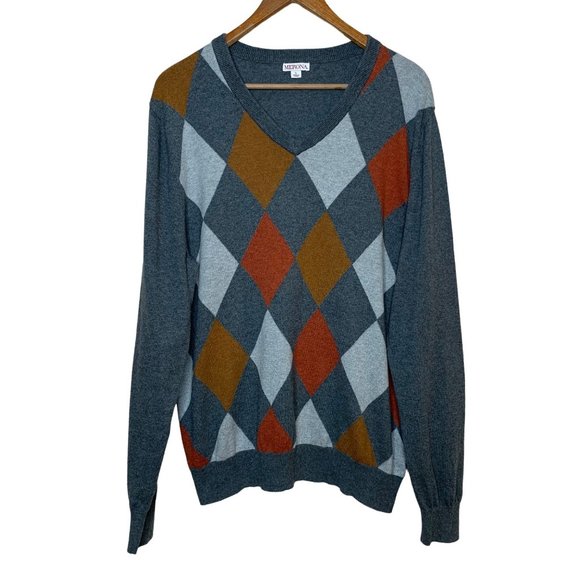 Merona V-Neck Sweater Diamond Print Gray Orange Lightweight 100% Cotton Large - Picture 1 of 7